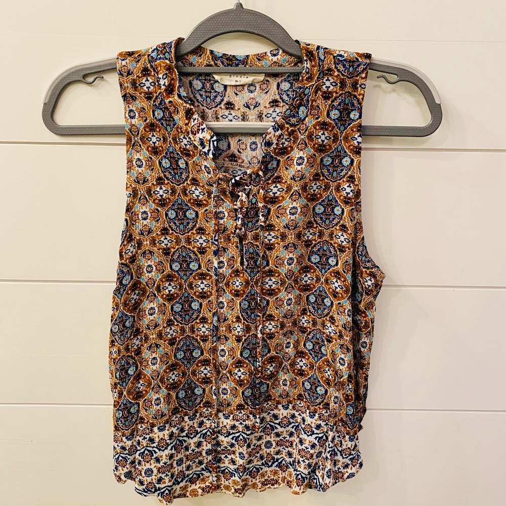 Elodie Women’s Blouse, Size Large, Brown/Blue/Turquoise/White